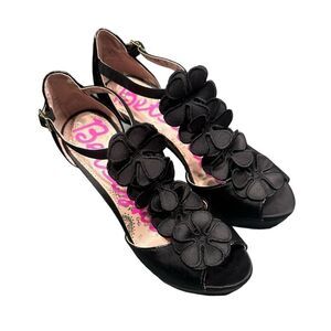 Betseyville Black Satin Peep Toe Stilettos With Flower Detail Size 7